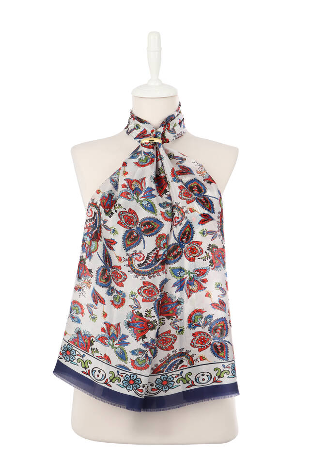 وشاح حرير فوال بنمط شال أزرق داكن - 2