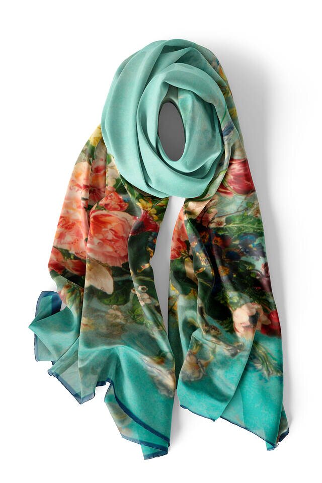 فولار حرير ضيق بالزهور باللون الأزرق البترولي - 3