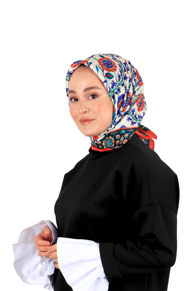 وشاح مربع من الحرير بنمط سلجوق باللون الأحمر الداكن - Bursa İpek