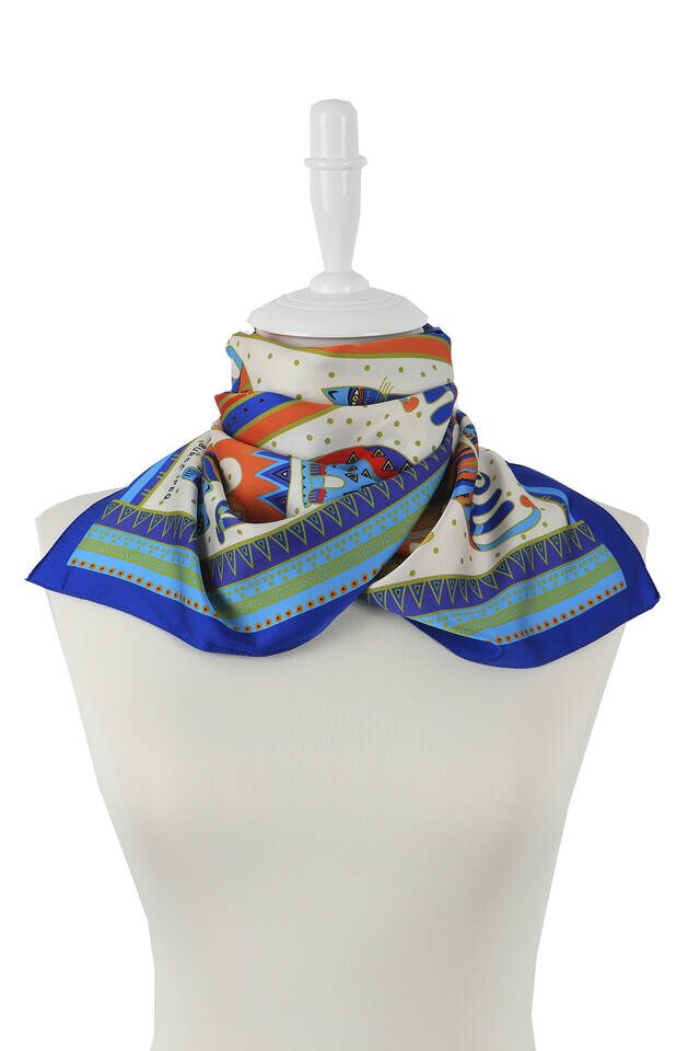 فولار حريري برتقالي فيروزي منقوش - 2