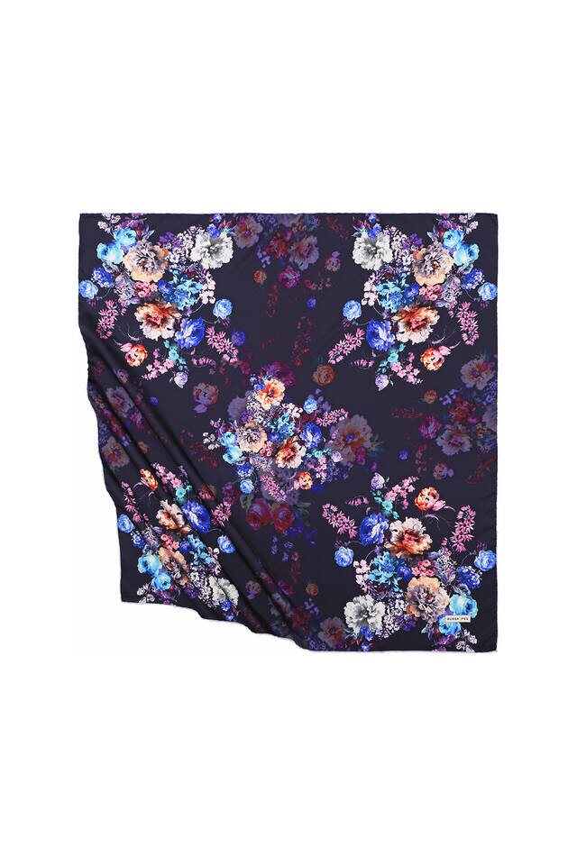 وشاح مربع حريري بنقشة بيجونيا كحلي 