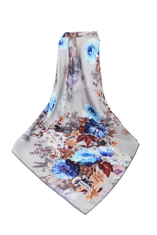 وشاح مربع حريري بنقشة فوليا رمادي - 3