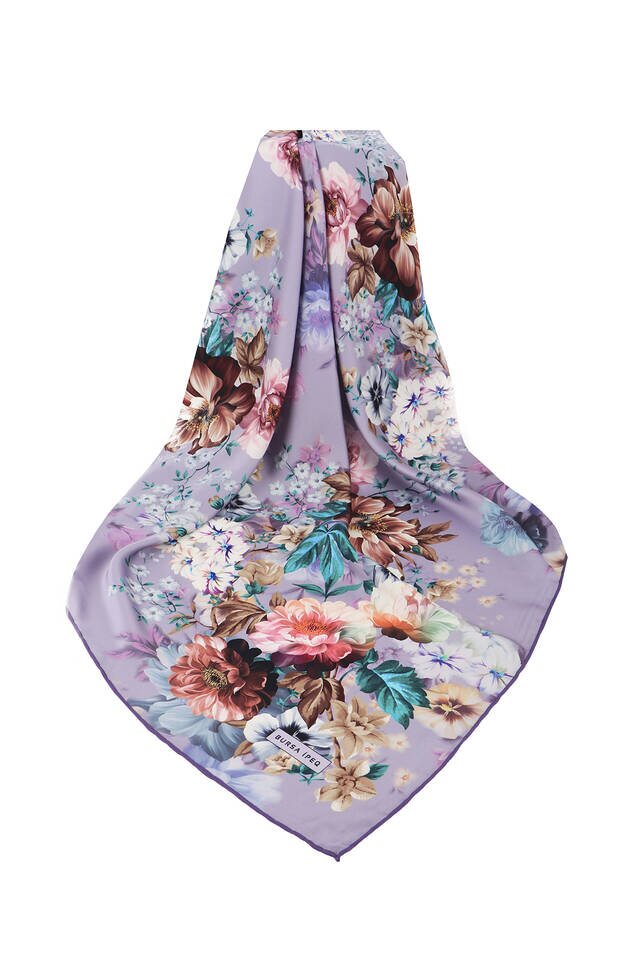 وشاح مربع حريري بنقشة فوليا أرجواني - 3