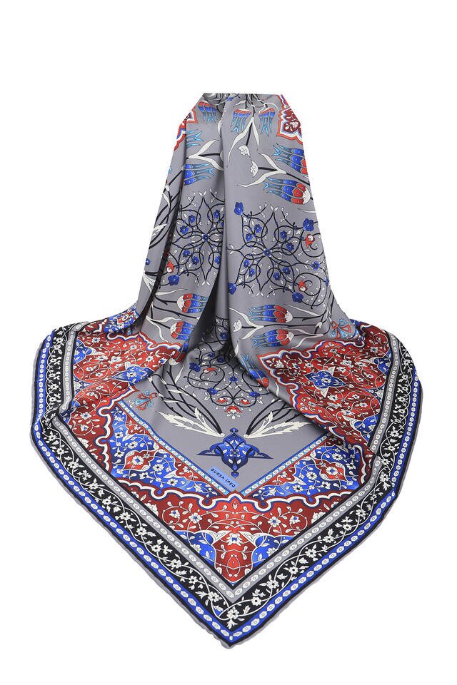 وشاح مربع حريري بنمط توليب شمعدان تركي رمادي - 3