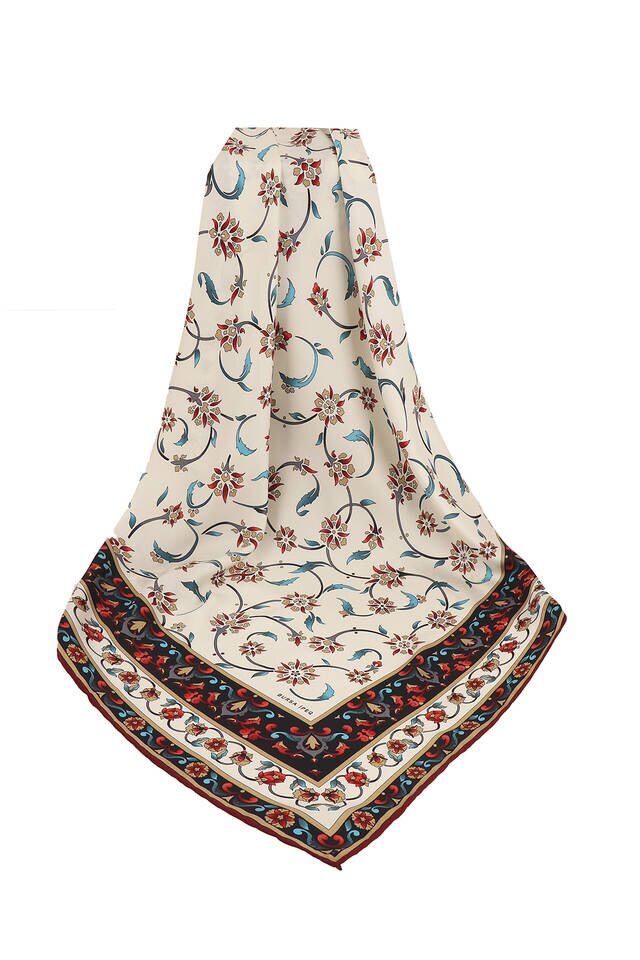 وشاح مربع حريري بنمط الزهرة البرية بورجوندي - 3