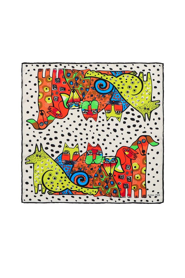 جيب حريري أسود برتقالي منقوش 