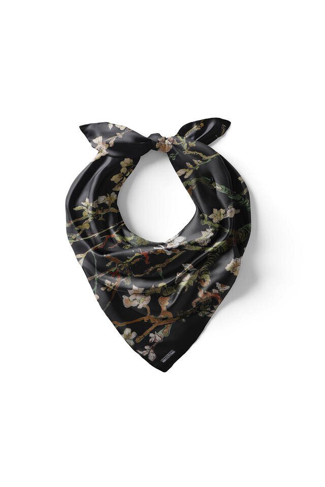 مربع جيب الحرير الأسود زهرة اللوز - 2