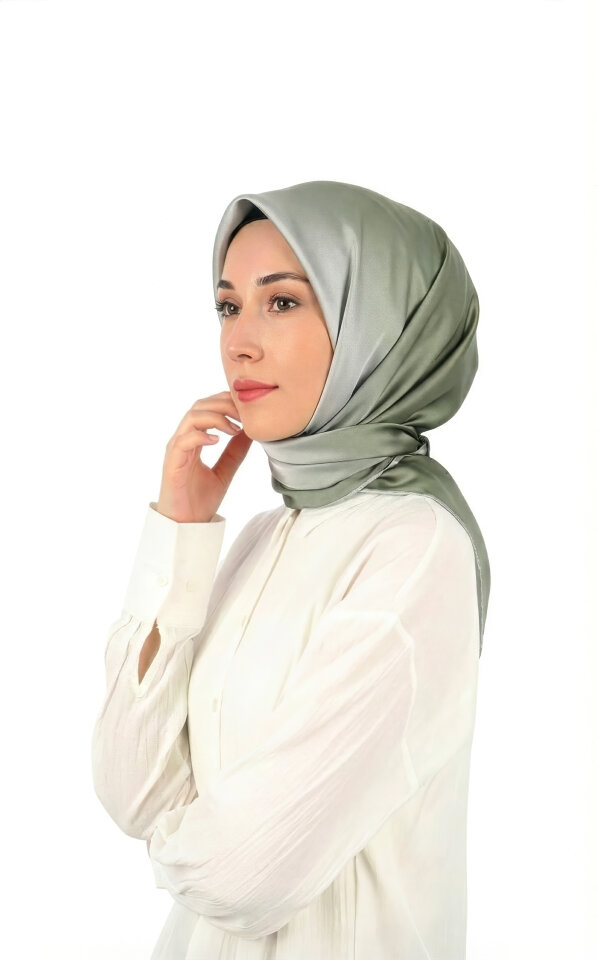 وشاح مربع حريري متدرج من النعناع الكاكي - 1