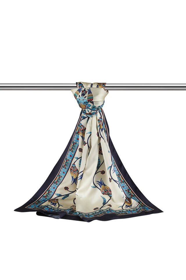 الفيروز الأزرق الداكن نمط توليب واسعة حريري فولارد - 3