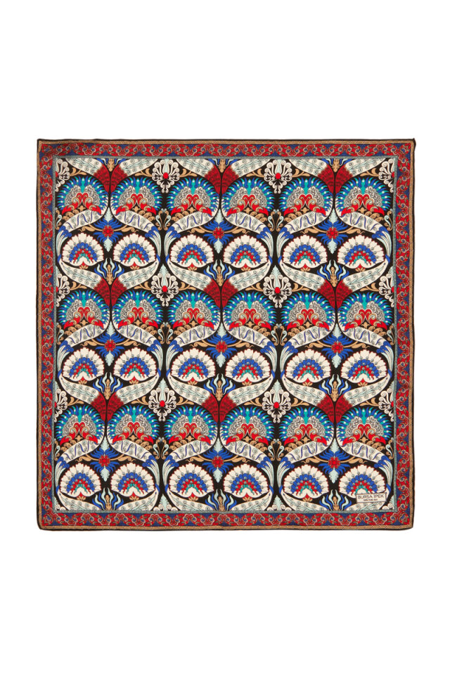 مربع جيب حرير بنمط طاووس أسود إكرو - Bursa İpek