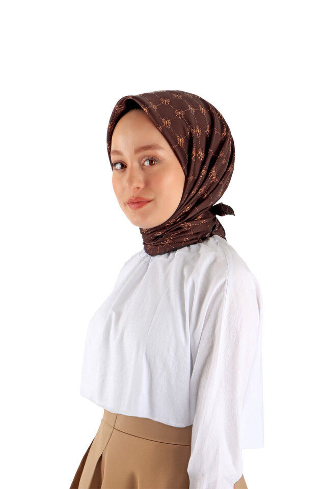 وشاح مربع من الحرير من نسيج قطني طويل بتصميم فراشة كستنائية - Bursa İpek