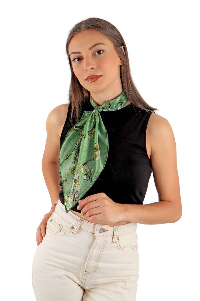 مربع جيب من الحرير بزهر اللوز العشبي الأخضر - 2