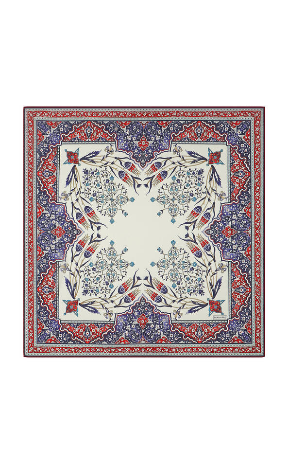 وشاح مربع ناعم بنمط شمعدان توليب أحمر - Bursa İpek