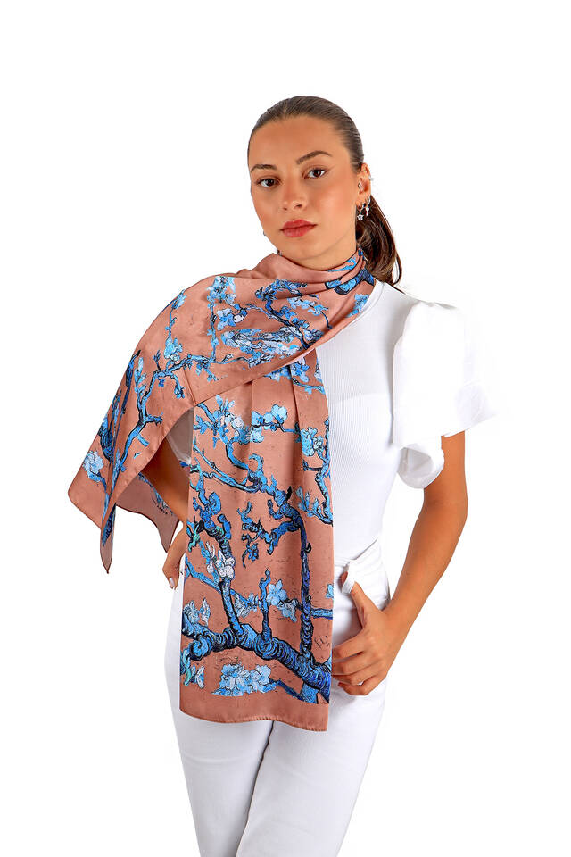 وشاح حريري بزهرة اللوز والشوكولاتة - 2