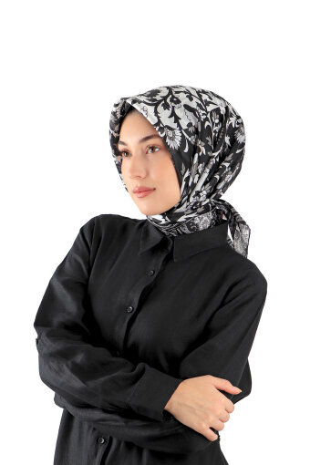 وشاح مربع من الحرير الفوال بنمط شال أسود 