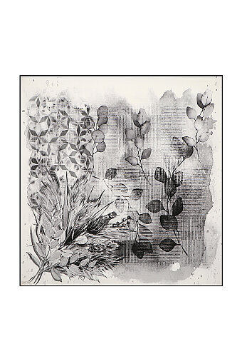 وشاح مربع من الحرير بنمط نباتي رمادي اللون 