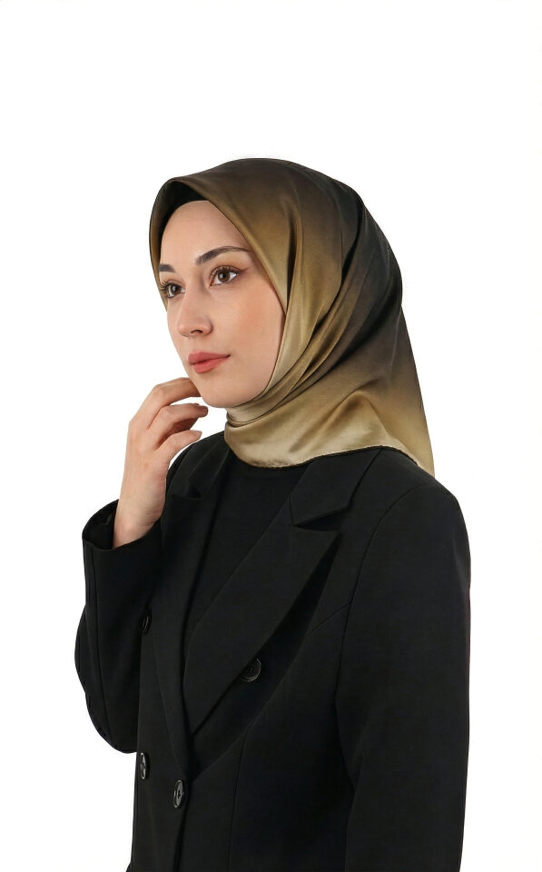 وشاح مربع من الحرير بلون بني وبيج متدرج 