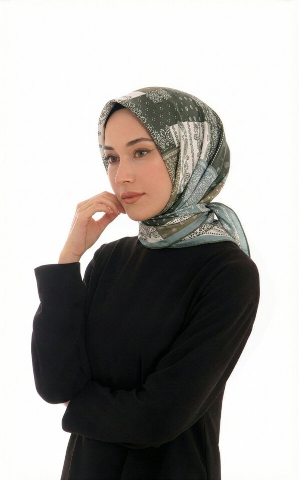 وشاح حريري مائل بنقشة مرقعة باللون الأخضر 