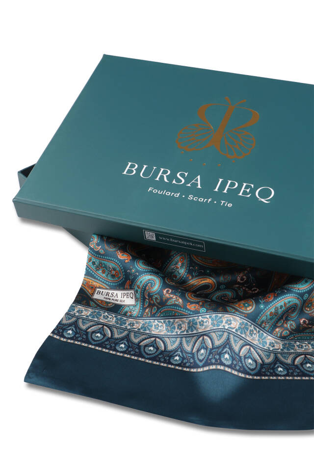 وشاح حريري رجالي منقوش باللون الأخضر البترولي - 3