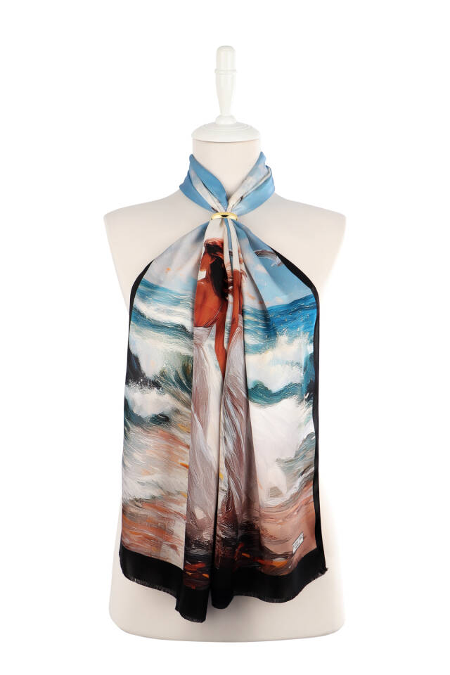 وشاح حريري بنقشة طائر النورس الأزرق - 2