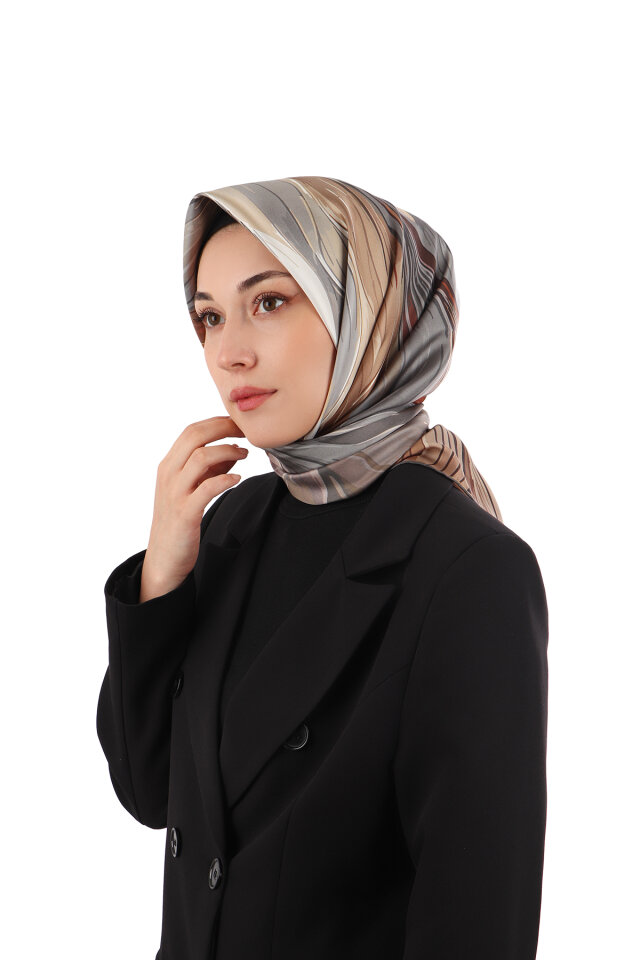 وشاح حريري بني منقوش بنقشة آريا - Bursa İpek