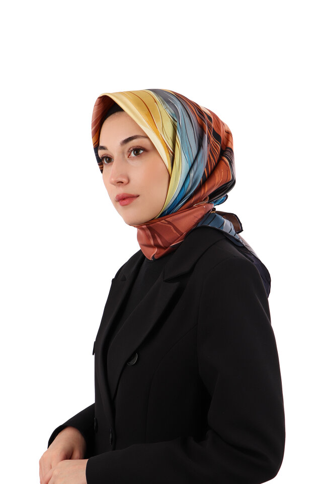 وشاح حريري أزرق داكن بنقشة آريا - Bursa İpek