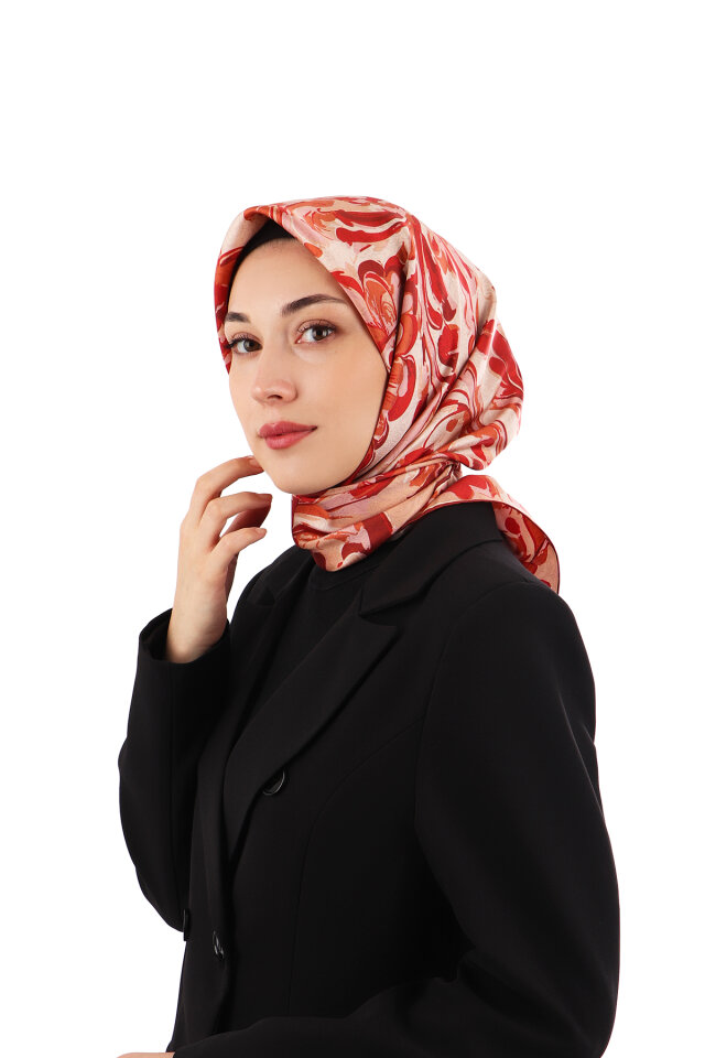 وشاح حريري مائل بنقشة زهور بورجوندي - Bursa İpek