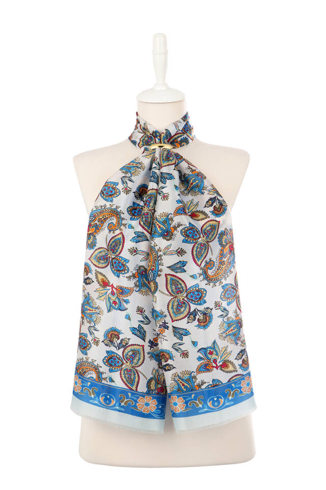 وشاح حرير فوال بنمط شال أزرق - 2