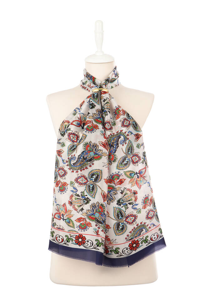 وشاح حرير فوال بنمط شال أزرق داكن - 2