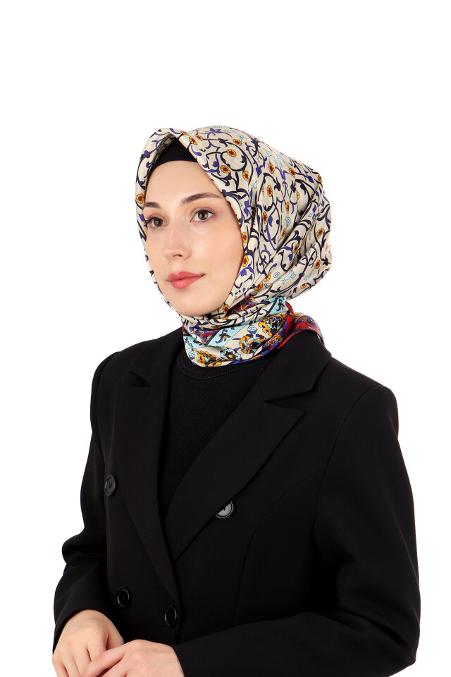 وشاح حريري سورا بنقشة اللبلاب الأزرق الداكن - Bursa İpek