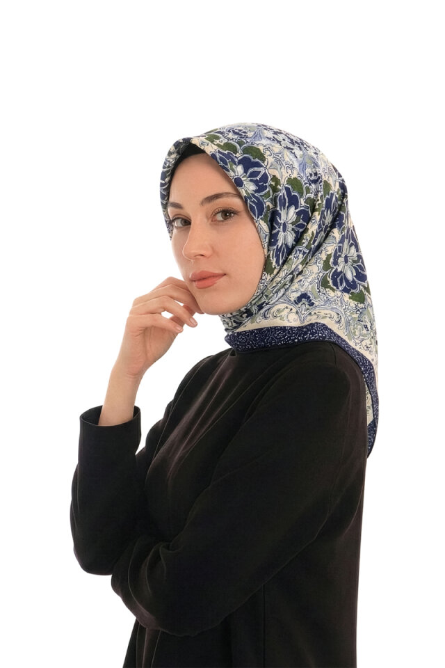 وشاح حريري أزرق داكن بنقشة عرق اللؤلؤ - 2