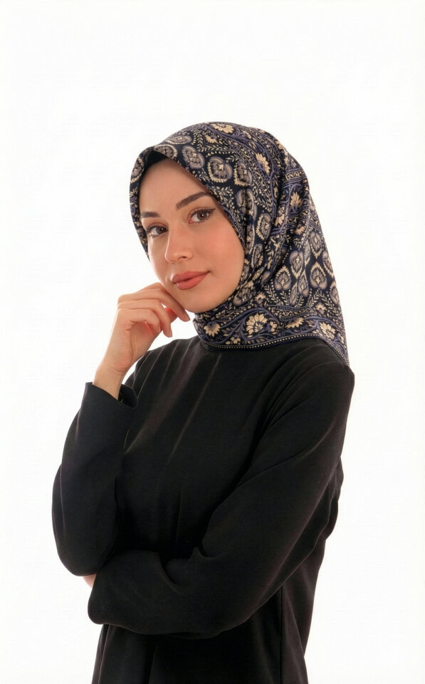 وشاح حريري مائل بنقشة تاج نيلي داكن 