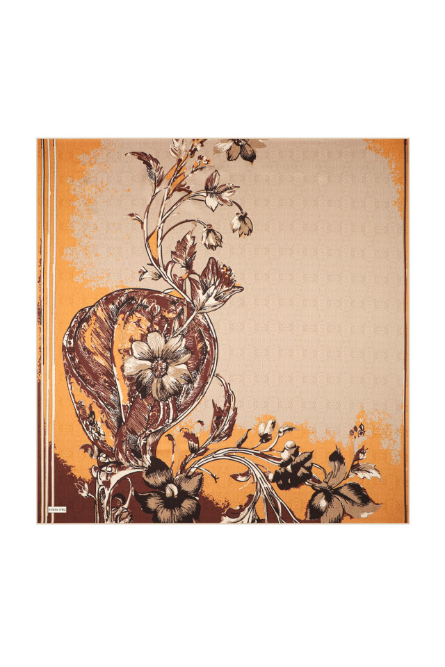 وشاح حريري مائل بنقشة البحر باللون البني - 3