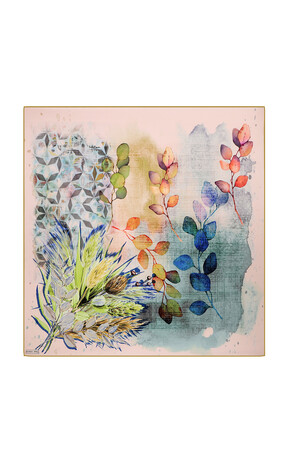 Acid Green Botanical Pattern Sura Silk Square Scarf 