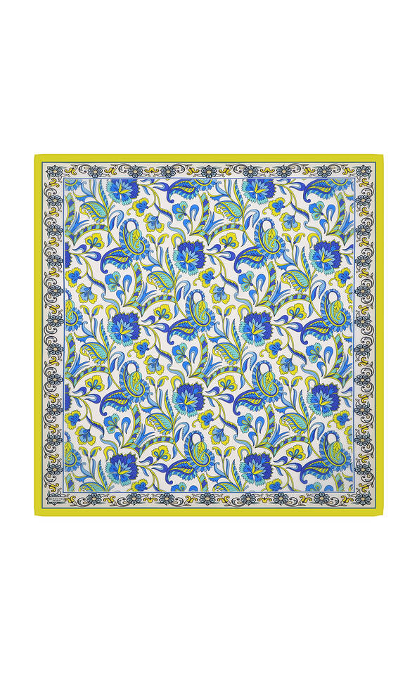 Acid Green Floral Pattern Voile Silk Square Scarf - 3