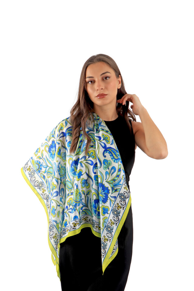 Acid Green Floral Pattern Voile Silk Square Scarf - 2