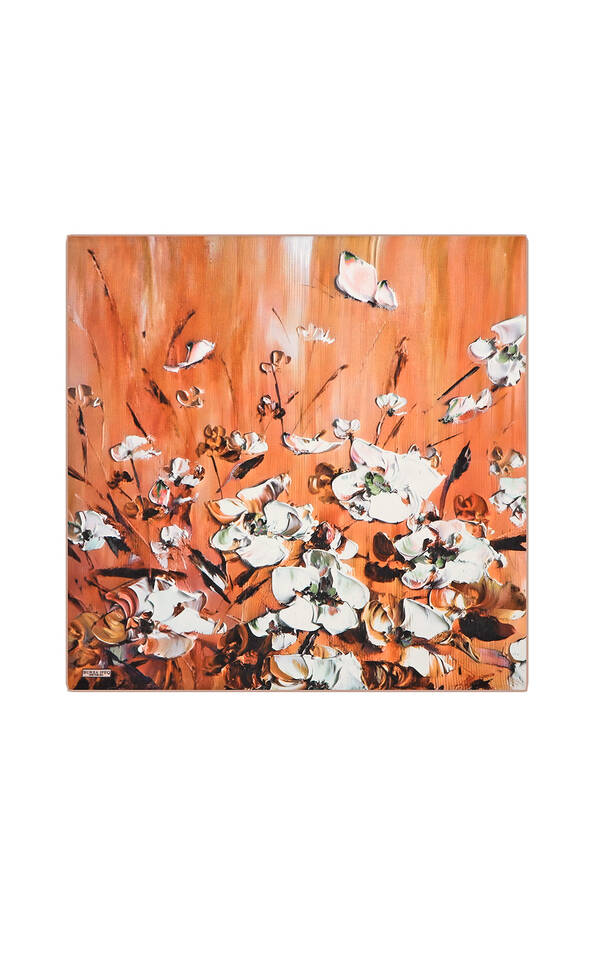 Turuncu Anemon Desen İpek Mendil - Bursa İpek