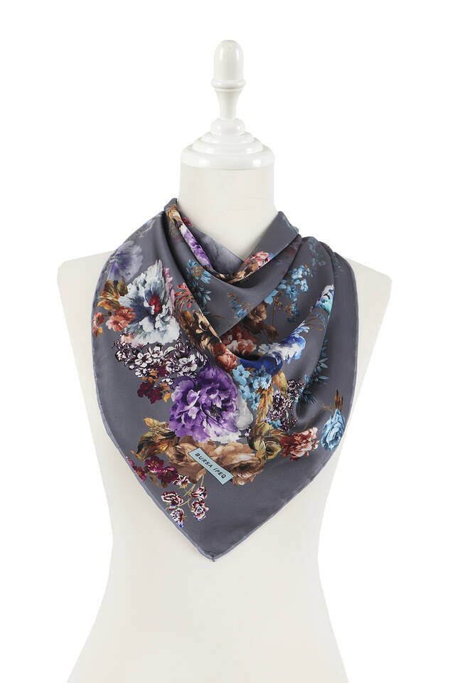 Anthracite Begonia Pattern Silky Square Scarf - 2