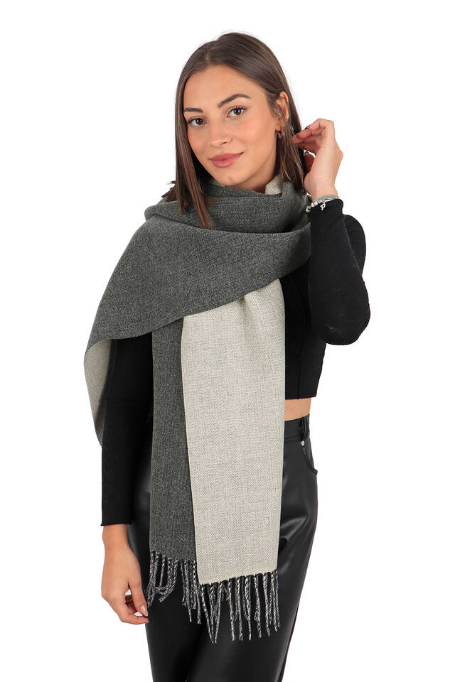 Anthracite Cream Double Sided Winter Shawl - 2