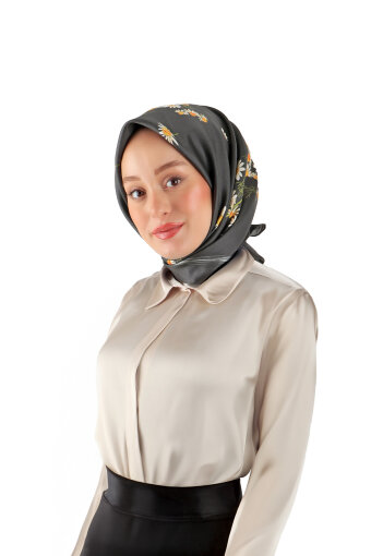 Anthracite Daisy Pattern Twill Silk Square Scarf 