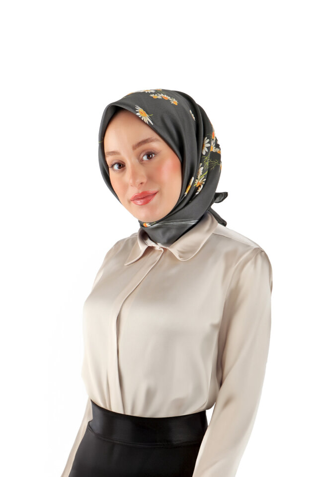 Anthracite Daisy Pattern Twill Silk Square Scarf 
