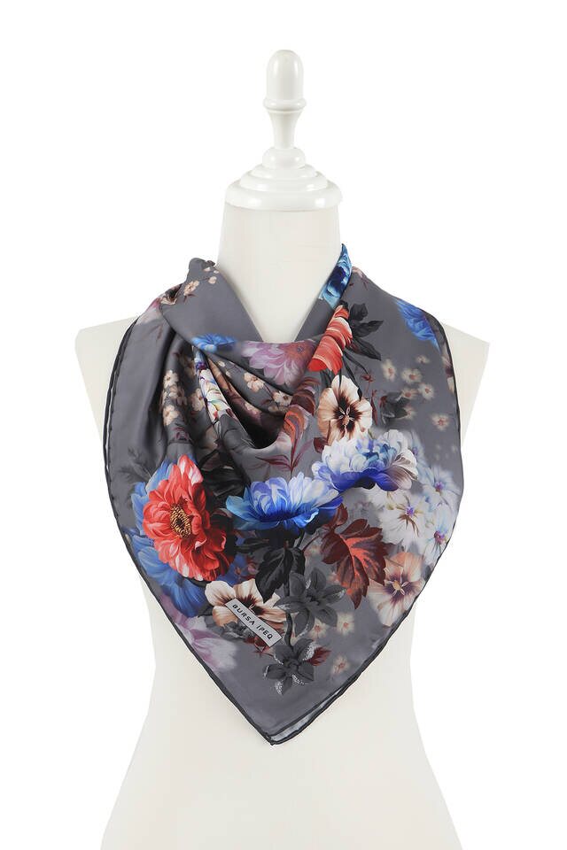 Anthracite Fulya Pattern Silky Square Scarf - 2