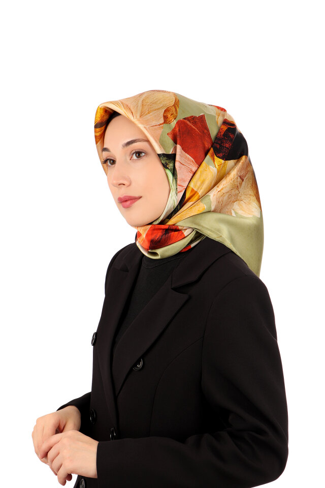 Yeşil Armoni Desen Sura İpek Eşarp - Bursa İpek