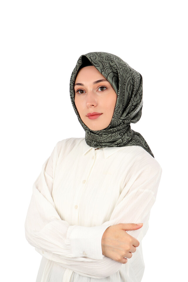 Khaki Art Pattern Twill Silk Scarf - Bursa İpek