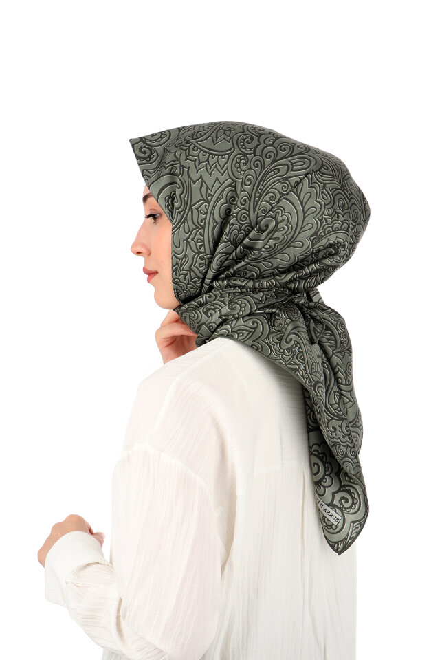 Khaki Art Pattern Twill Silk Scarf - 2