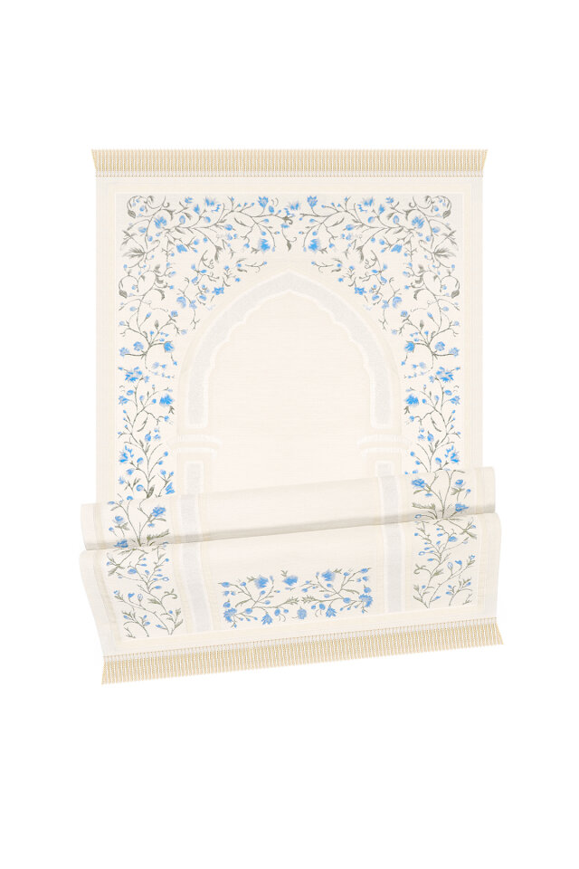 Mavi Bahar Dalı Desen Kabartmalı Özel Dokuma Seccade - 4