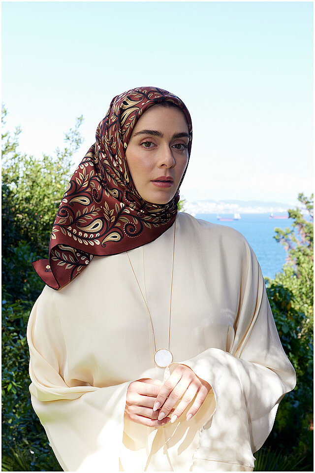 Bordo Başak Desen Twill İpek Eşarp - 1
