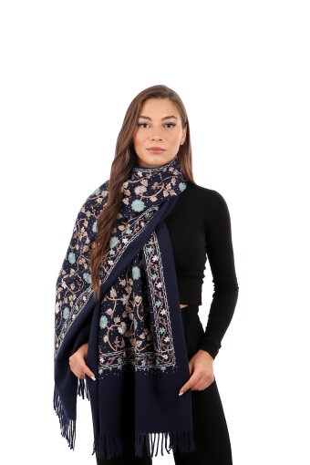 Navy Blue Stone Embroidered Winter Shawl 