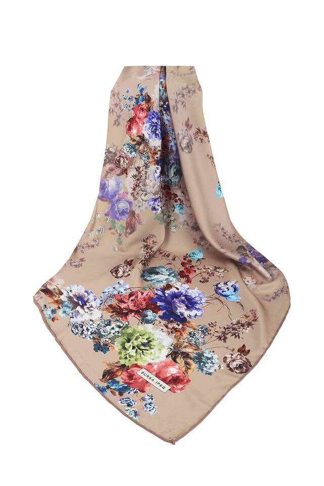 Camel Begonya Desen İpeksi Eşarp - 3