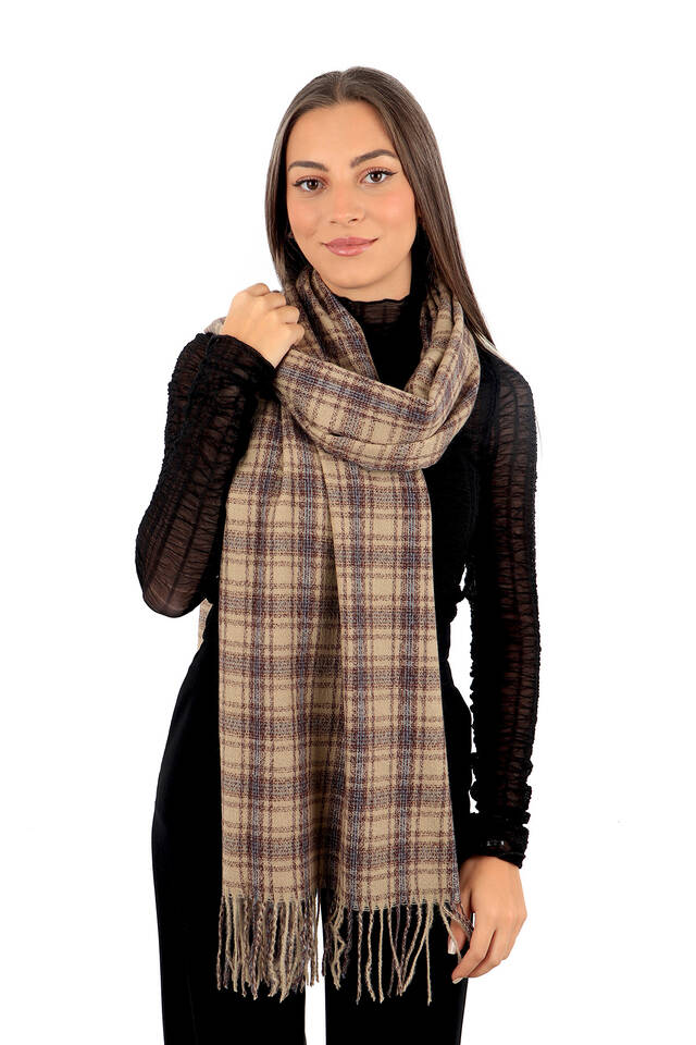 Beige Brown Plaid Pattern Winter Shawl - 2